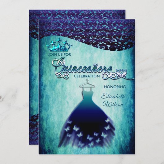 ブルー王室のヴィンテージドレスダマスクティアラ・キンセアニラ 招待状 (正面/裏面)