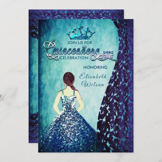 ブルー王室のヴィンテージドレスダマスクティアラ・キンセアニラ 招待状 (正面/裏面)