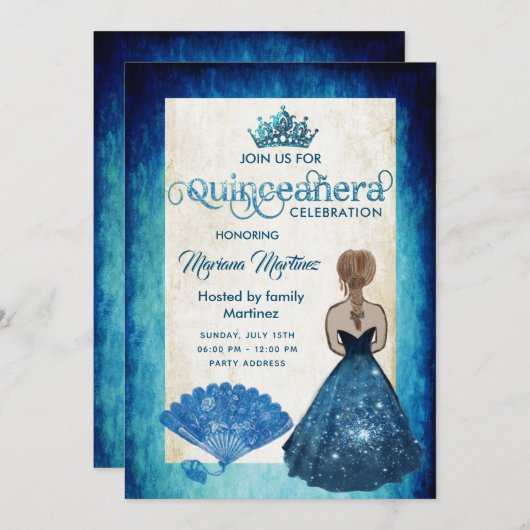 ブルー王室のヴィンテージハンドファンティアラ・クインズ 招待状 (正面/裏面)