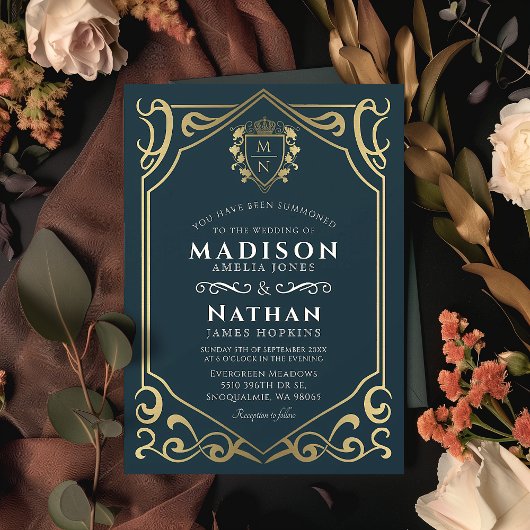 ブルー王室の中世ファンタジーモノグラム結婚ズ 招待状