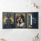 ブルー王室の中世ライオ結婚ンの3倍 三つ折り招待状 (内部)