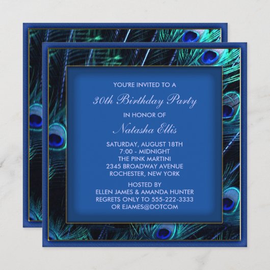 ブルー王室の女性ピーコックバースデーパーティー 招待状 (正面/裏面)