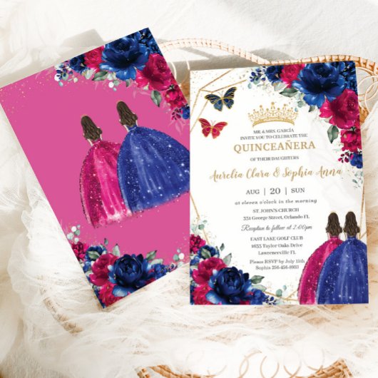 ブルー王室の明るい赤紫色ピンクフローラツインズキンセアニラ 招待状