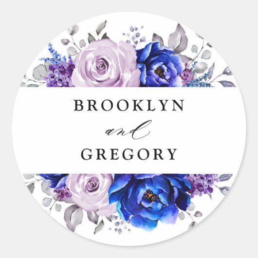 ブルー王室の薄紫パープルフローラエンベロクラシックープ ラウンドシール (正面)