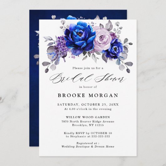 ブルー王室の薄紫パープルフローラブライダルシャワー 招待状 (正面/裏面)