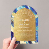 ブルー王室の金ゴールドアー結婚チのアクリル日付を保存 アクリル招待状 (インサイチュ (ポータブル))