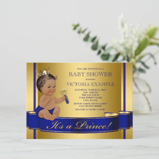 ブルー王室の金ゴールドエスニックプリンスベビーシャワー 招待状 (スタンド正面)
