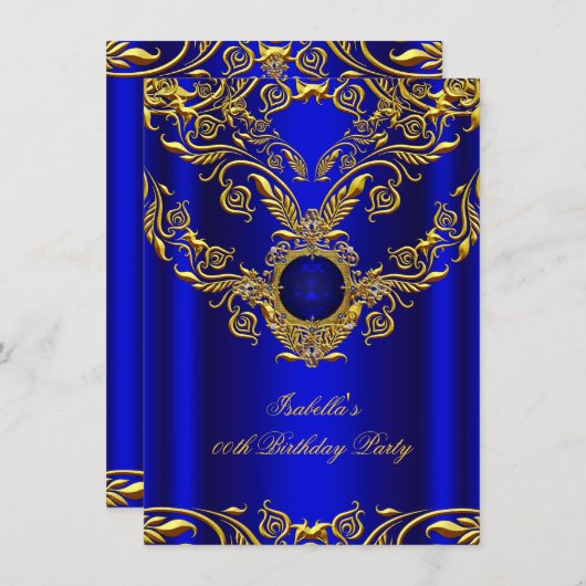ブルー王室の金ゴールドエレガントエリートバースデーパーティー2 招待状 (正面/裏面)