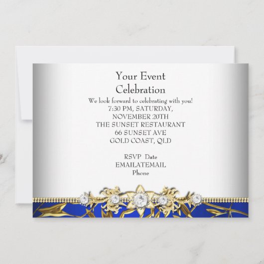 ブルー王室の金ゴールドエンボスルックエレガントパーティー 招待状 (裏面)
