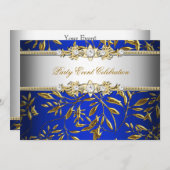 ブルー王室の金ゴールドエンボスルックエレガントパーティー 招待状 (正面/裏面)