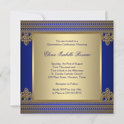 ブルー王室の金ゴールドキンセアニェラ 招待状 (裏面)