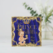 ブルー王室の金ゴールドクラウンプリンスベビーシャワーブルネット 招待状 (スタンド正面)