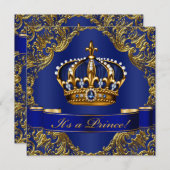 ブルー王室の金ゴールドクラウンプリンスベビーシャワー 招待状 (正面/裏面)