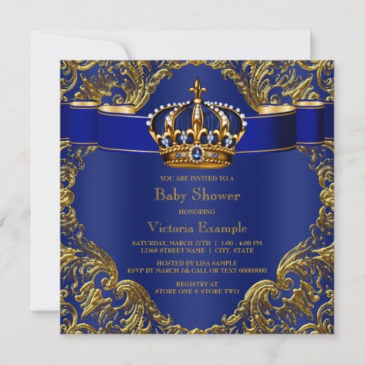 ブルー王室の金ゴールドクラウンプリンスベビーシャワー 招待状 (裏面)
