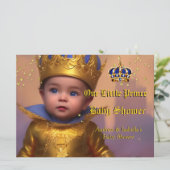 ブルー王室の金ゴールドクラウンプリンスベビーシャワー 招待状 (スタンド正面)