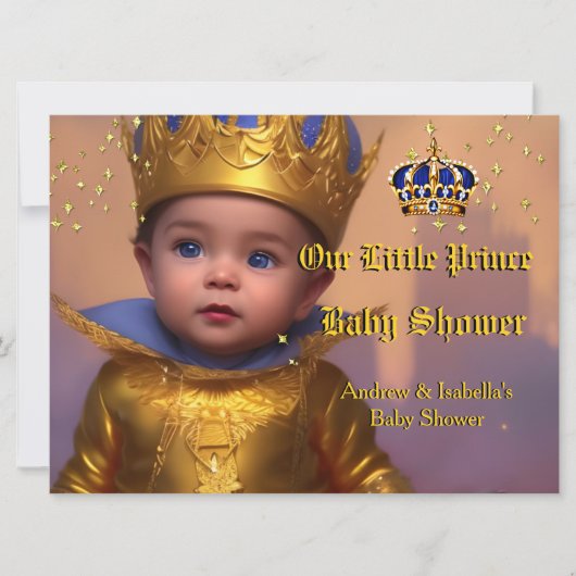 ブルー王室の金ゴールドクラウンプリンスベビーシャワー 招待状 (正面)