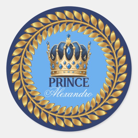 ブルー王室の金ゴールドクラウンプリンスベビーシャワー/誕生日 ラウンドシール (正面)