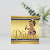 ブルー王室の金ゴールドグリッターエスニックプリンスベビーシャワー 招待状 (スタンド正面)