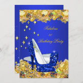 ブルー王室の金ゴールドグリッターハイヒール誕生日パーティー 招待状 (正面/裏面)