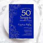 ブルー王室の金ゴールドサプライズ50th誕生日パーティー 招待状<br><div class="desc">フローラ王室のブルー金ゴールドサプライズ50th誕生日パーティーの招待状。ボタニカルモダンアクセントとタイポグラフィスクリプトフォントを搭載したミニマルデザイン。フローラシンプル招待状カードは女性の驚きの日のスタイリッシュお祝いに最適。任意のカスタマイズ年齢にすることができる。</div>