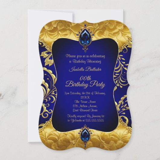 ブルー王室の金ゴールドジュエルダマスク誕生日パーティー 招待状 (正面)