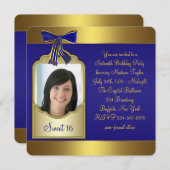 ブルー王室の金ゴールドスウィート16バースデーパーティー 招待状 (正面/裏面)