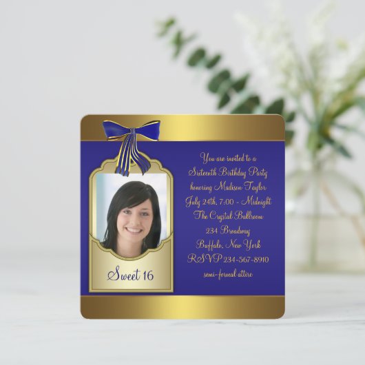 ブルー王室の金ゴールドスウィート16バースデーパーティー 招待状 (スタンド正面)