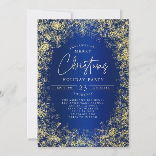 ブルー王室の金ゴールドスノーフレークスクリスマスホリデーパーティー 招待状 (正面)