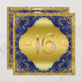 ブルー王室の金ゴールドスワールスウィート16パーティー 招待状 (正面/裏面)
