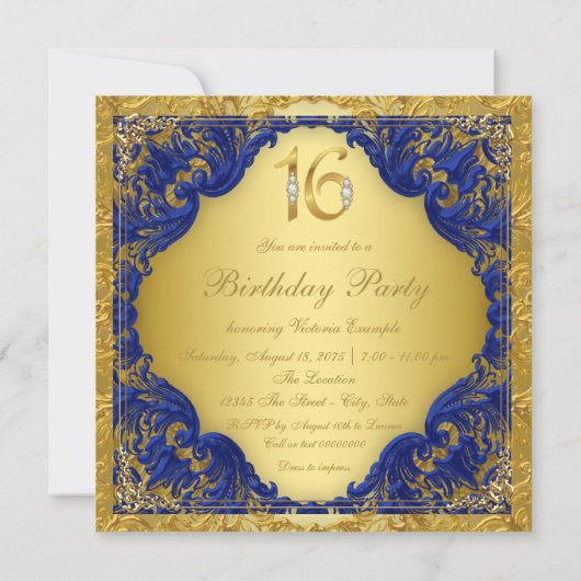 ブルー王室の金ゴールドスワールスウィート16パーティー 招待状 (裏面)