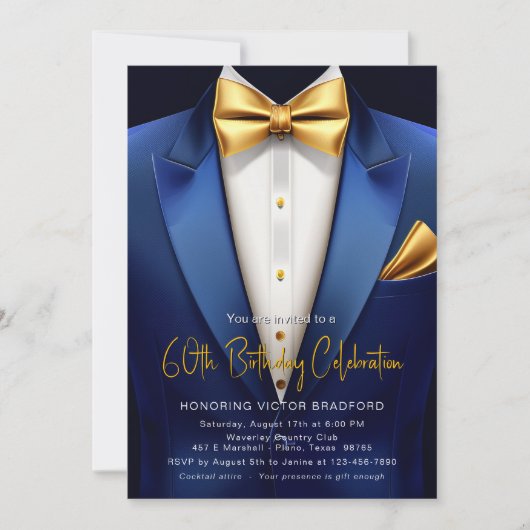 ブルー王室の金ゴールドタキシード任意の番号誕生日イベント 招待状 (正面)