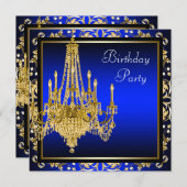 ブルー王室の金ゴールドダマスクシャンデリア誕生日パーティー 招待状 (正面/裏面)