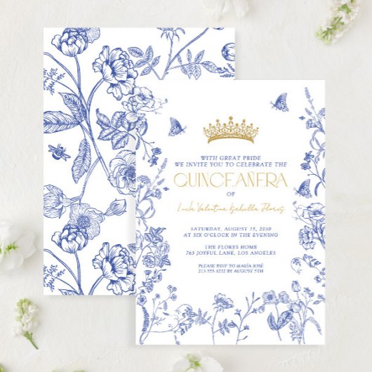 ブルー王室の金ゴールドティアラフローラバタフライキンセアニラ 招待状