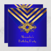 ブルー王室の金ゴールドデコストライプバースデーパーティー 招待状 (正面/裏面)
