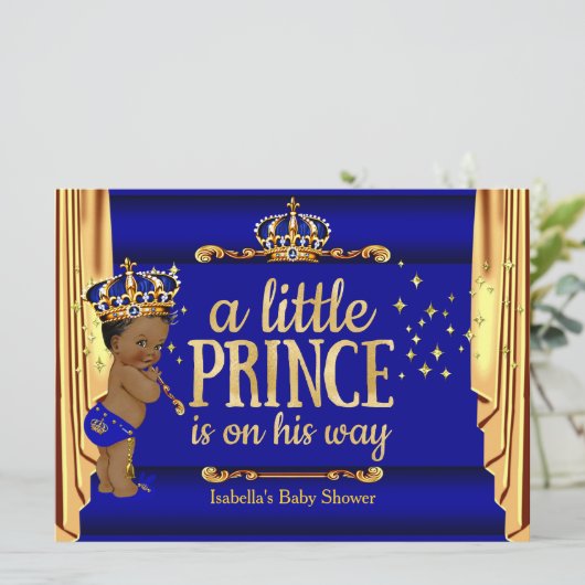 ブルー王室の金ゴールドドレーププリンスベビーシャワーエスニックL 招待状 (スタンド正面)