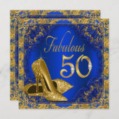ブルー王室の金ゴールドハイヒールファブラス50誕生日 招待状 (正面/裏面)