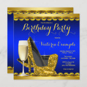 ブルー王室の金ゴールドハイヒール誕生会 招待状 (正面/裏面)