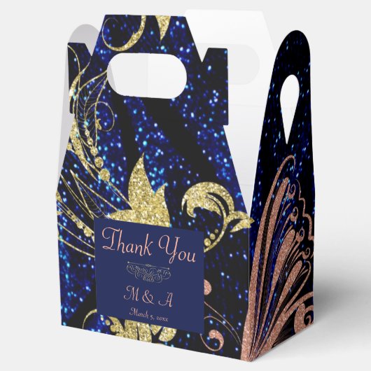 ブルー王室の金ゴールドバタフライ結婚式の引き出物ボックス フェイバーボックス (オープン)