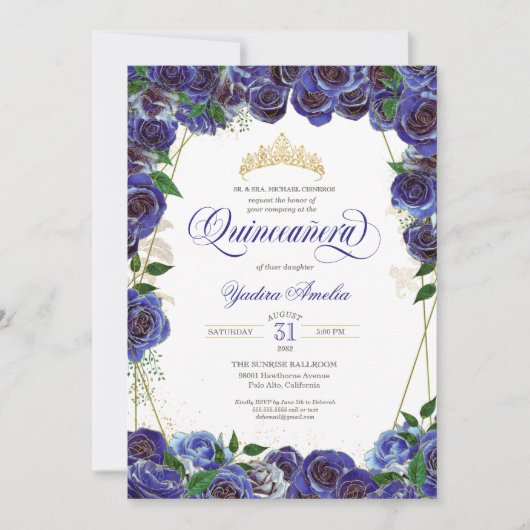 ブルー王室の金ゴールドバラエレガントカリンキンセアニェラ 招待状 (正面)