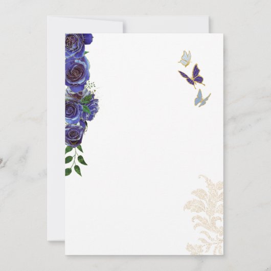 ブルー王室の金ゴールドバラハエレガントバタフライキンセアニェラ 招待状 (裏面)