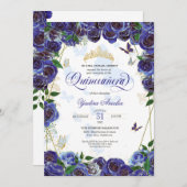 ブルー王室の金ゴールドバラハエレガントバタフライキンセアニェラ 招待状 (正面/裏面)