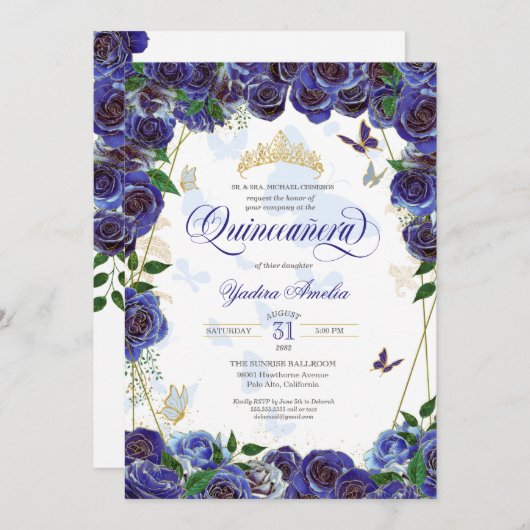 ブルー王室の金ゴールドバラハエレガントバタフライキンセアニェラ 招待状 (正面/裏面)