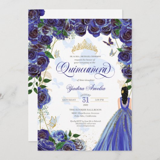 ブルー王室の金ゴールドバラバタフエレガントィーキンセアニェラ 招待状 (正面/裏面)