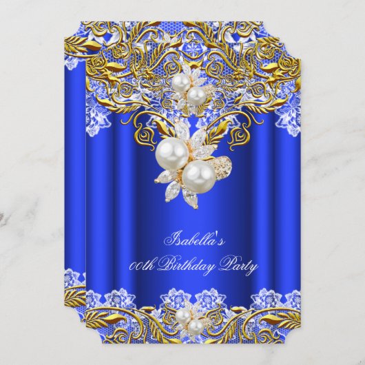ブルー王室の金ゴールドパールエレガントバースデーパーティー2 招待状 (正面/裏面)