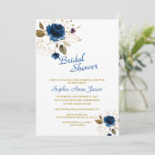 ブルー王室の金ゴールドフラワーズモノグラムブライダルシャワー 招待状 (スタンド正面)