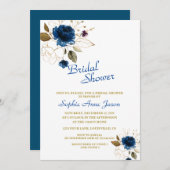ブルー王室の金ゴールドフラワーズモノグラムブライダルシャワー 招待状 (正面/裏面)