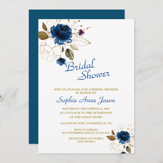 ブルー王室の金ゴールドフラワーズモノグラムブライダルシャワー 招待状 (正面/裏面)