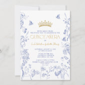 ブルー王室の金ゴールドフローラバタフライQRキンセアニラ 招待状 (正面)