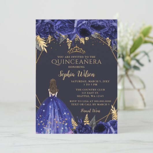 ブルー王室の金ゴールドフローラプリンセスキンセアニェラインビ 招待状 (スタンド正面)