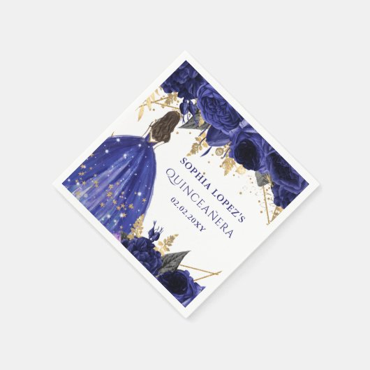 ブルー王室の金ゴールドフローラプリンセスキンセアニェラ スタンダードカクテルナプキン (角)